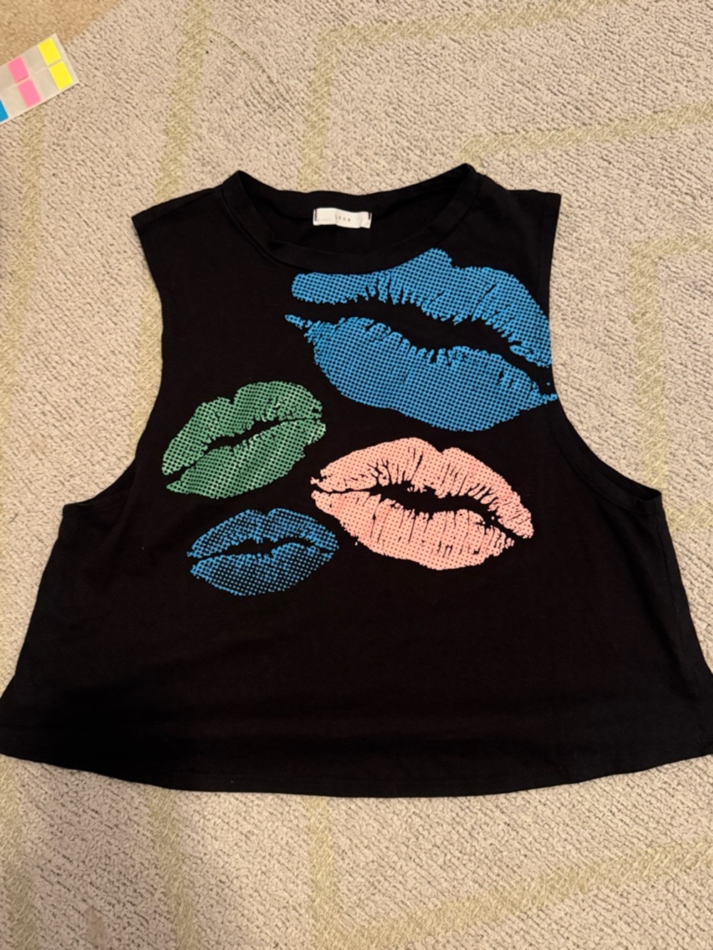 Lush Black Cropped Tank with Blue, Green & Pink Lip Prints